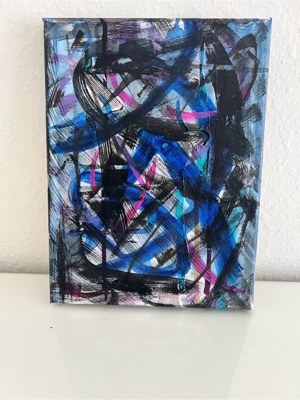 ABSTRACT ART 💙🖤🩷 Abstract Blue & Black Home Art Canvas Painting 9 x 12